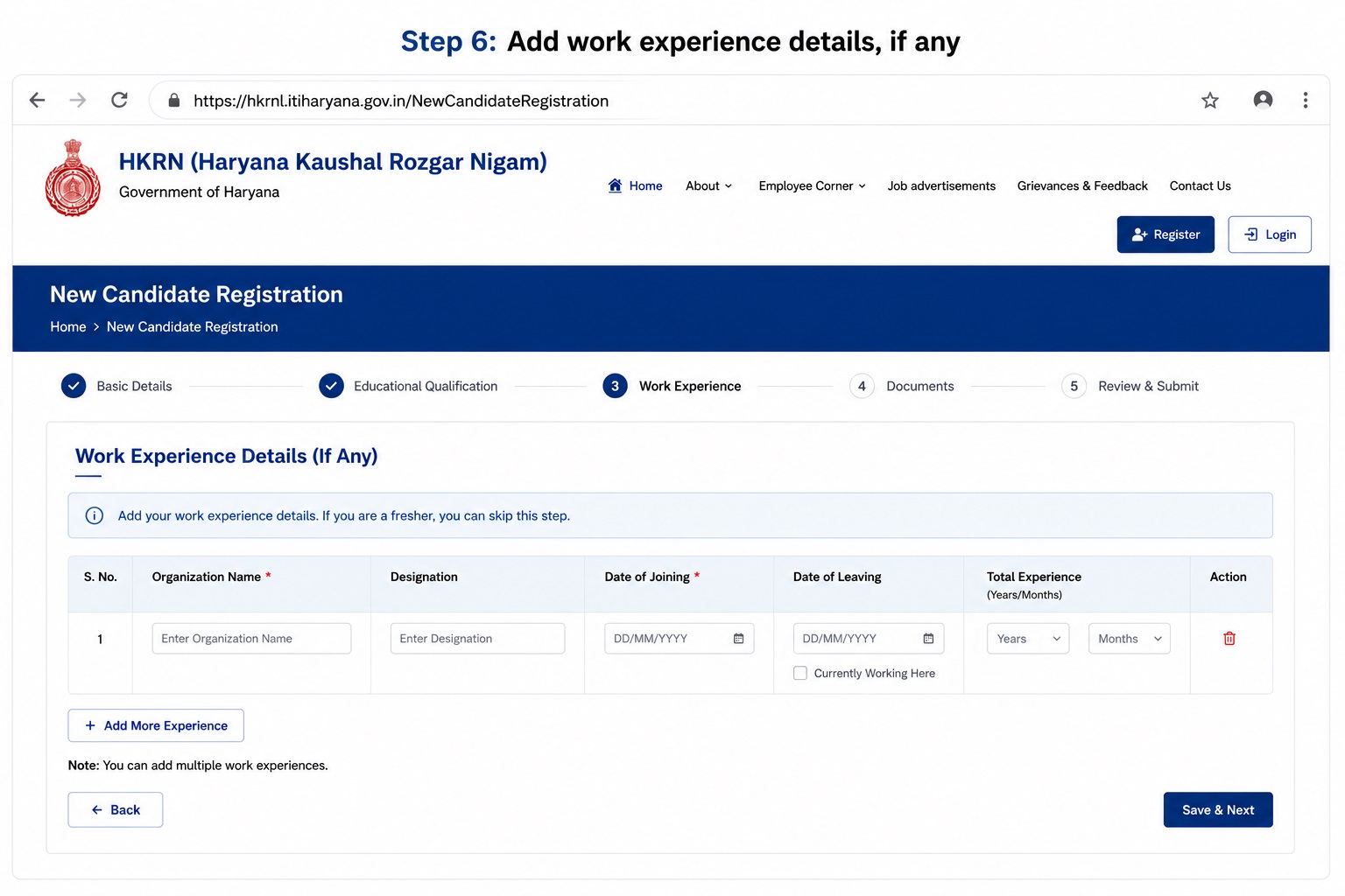 HKRN Registration Step 6 - Add Work Experience